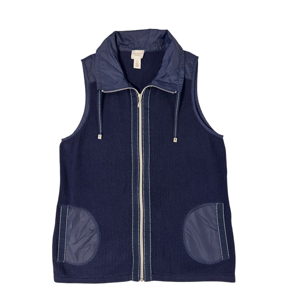 Weekends by Chicos Navy Blue Knit Full Zip Vest Cotton Blend Size 0 XS US 4 - Picture 1 of 9